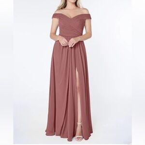 Azazie Audrianna dress desert rose pink A-Line Off-The-Shoulder Gathered Chiffon